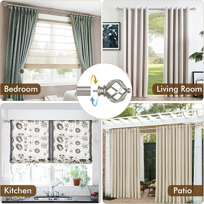 KAMANINA 2 Pack Curtain Rods 32 to 86 Inches (2.6-7.1ft), 3/4 Inch Curtain Rods for Windows Splicing Adjustable Single Drapery Rod with Twisted Cage Finial, for Indoor and Outdoor, Antique Silver