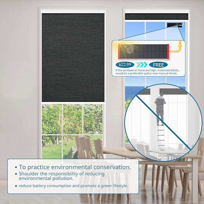 DENFOON Motorized Blinds with Remote Control, Custom Blackout Smart Blinds [with Cover],Electric Blinds with Complimentary Solar Panel, Cordless Automatic Roller Shades for Windows,Black,Custom
