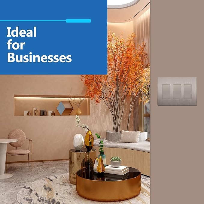 LIDER Brushed Finish Decorator Switch Cover, Screwless Wall Plate, Mid-Size 3-Gang 4.88" x 6.77", Unbreakable Polycarbonate Thermoplastic, UL Listed, LSWP-33M-BNK, Brushed Nickel
