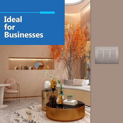 LIDER Brushed Finish Decorator Switch Cover, Screwless Wall Plate, Mid-Size 3-Gang 4.88" x 6.77", Unbreakable Polycarbonate Thermoplastic, UL Listed, LSWP-33M-BNK, Brushed Nickel