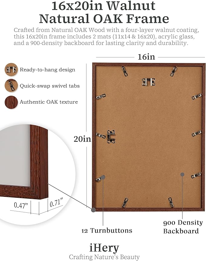 iHery Standard 16x20in Premium Truly Natural OAK Wood Walnut Color Picture Frame with 2 Mats (11x14,16x20), Acrylic Glass Thickened Backboard, Minimalist Photo Frames Narrow Border Set of 1