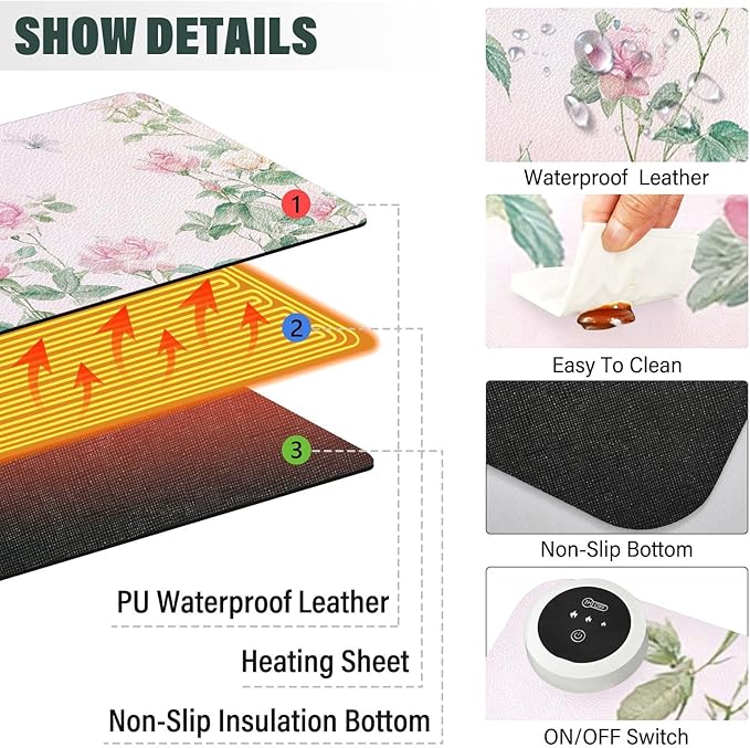 Heated Desk Pad Mouse Pad 31.5x13 Inch PU Leather Desk Mat with 3 Heat Levels Large Mouse Gaming Computer Laptop Mat Pink Spring Rose and Dragonfly Butterfly