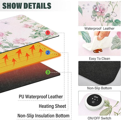 Heated Desk Pad Mouse Pad 31.5x13 Inch PU Leather Desk Mat with 3 Heat Levels Large Mouse Gaming Computer Laptop Mat Pink Spring Rose and Dragonfly Butterfly