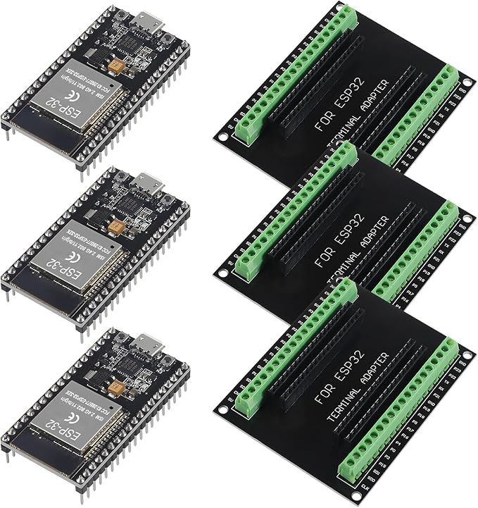 3 Set ESP32 Development Board 38Pin Narrow Version WiFi + Bluetooth Microcontroller ESP-32 ESP-32S Board ESP-WROOM-32 with ESP32 Breakout Board GPIO 1 into 2 Terminal Screw Board