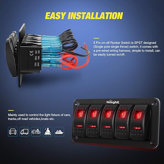 Nilight 5 Gang Rocker Switch Panel 5Pin On Off Toggle Aluminum Holder 12V 24V Dash Pre-Wired Red Backlit Switches for Automotive Cars Marine Boats RVs Truck