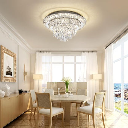 COCOSTAR 18 inch Flush Mount Crystal Chandeliers with Remote and APP, Modern Elegant LED Crystal Raindrop Ceiling Light Fixture, 3CCT Dimmable, for Living Room Kitchen Island Bedroom Entryway Foyer