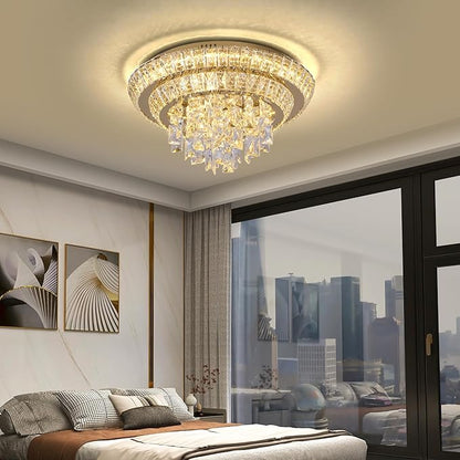 18 inch Flush Mount Crystal Chandeliers with Remote and App Gold, Modern Elegant LED Crystal Raindrop Ceiling Light Fixture, 3CCT Dimmable, for Living Room Kitchen Island Bedroom Entryway Foyer