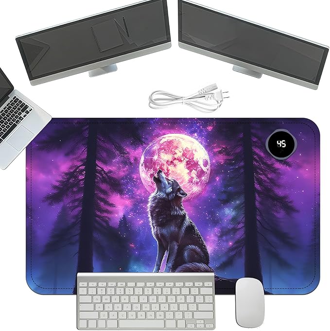 Heated Mouse Pad with 3 Temperature Settings(104°F–122°F),Large 24x14.2 Inch PU Leather Heated Desk Mat,Waterproof Warming Pad for Office,Gaming & Cold Hands Relief,Moon Wolf Howling