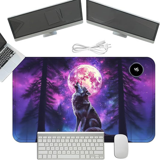 Heated Mouse Pad with 3 Temperature Settings(104°F–122°F),Large 24x14.2 Inch PU Leather Heated Desk Mat,Waterproof Warming Pad for Office,Gaming & Cold Hands Relief,Moon Wolf Howling
