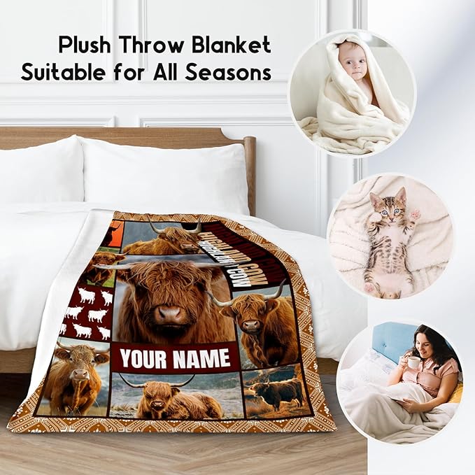Personalized Blanket for Women Girls, Custom Highland Cow Gifts for Adults - 60"x80" Kids Throw for Bed Living Room - Soft, Fuzzy & Cozy - Wildlife Home Decor Gift Ideal