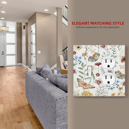 Decorative Outlet Covers Rustic White Butterfly Flowers Leaves 2 Gang Wall Plate Cover Single Toggle Duplex Combo Two Switch Light Switch Cover Plate Jumbo Dual GFCI Faceplate
