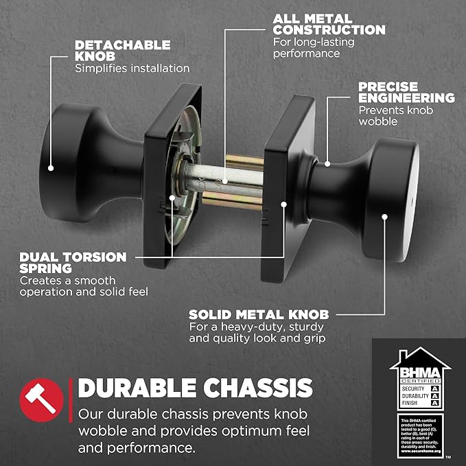 Kwikset Pismo Interior Privacy Door Knob with Lock, Door Handle for Bathroom and Bedroom, Matte Black Keyless Turn Lock Doorknob, with Microban Protection, Square Rose (Pack of 10)