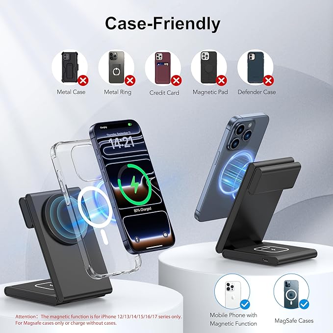 3-in-1 Wireless Charging Station, Standard 20W Fast Magnetic Foldable Magsafe Charger Stand for iPhone 17 16 15 14 13 Series, Travel Charger for iWatch 11/10/Ultra 2/AirPods 4 Series(Adapter Included)