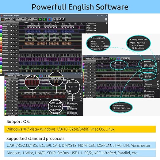 LA5016 USB Logic Analyzer - 16 Channels 500MS/s 10GB Depth PWM Generator, MCU ARM FPGA Debug Tool, English Software, Support for Windows, macOS, Linux