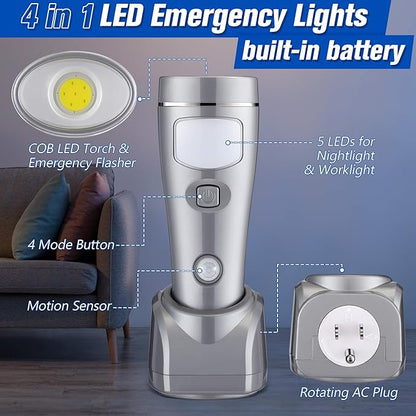 Enhon 6 Pack Rechargeable 4-in-1 LED Emergency Lights, Plug-in Flashlights with Motion Sensor Night Light, Auto-On Power Failure Light for Home, Hurricane, and Outage Supplies