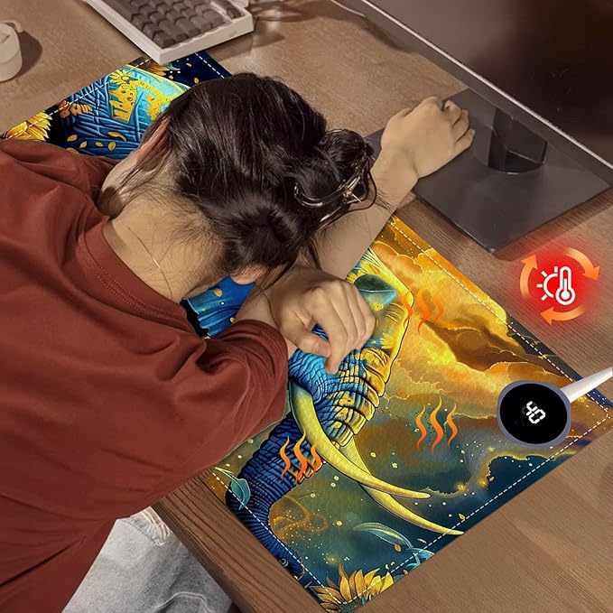 Heated Mouse Pad, Warm Desk Pad, Keyboard Mat 23.6 x 14 Inch Large Size Intelligent Fast Heating, 3 Speed Adjustable, Timed Auto Power Off for Game Office Home, Elephant in Sunflower Field
