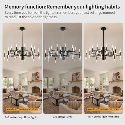 Modern Sputnik Chandelier Mid Century Black Chandeliers for Dining Room Living Room Kitchen Bedroom Support APP Voice Control Dimmable Smart LED Light Fixture(GB1337YY40-BK)