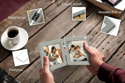 Double 4x4 Square Combo, Grey Wood Picture Frame, 3.5x3.5 Opening Foldable Photo Frame on Table-top or Wall