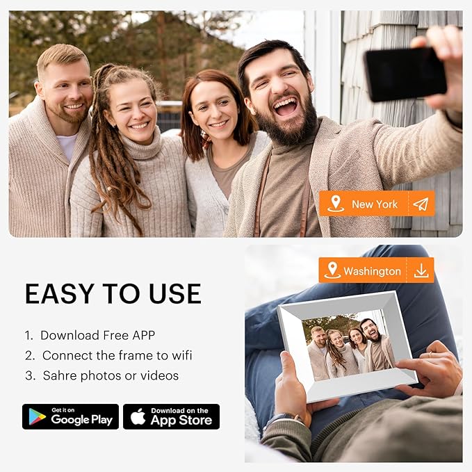 8-Inch Digital Picture Frame with WiFi, Wood Finish Frame Smart Photo Frame HD IPS Touch Screen with 16GB Storage – Easy Photo & Video Sharing from Anywhere – Ideal Gift for Family, White