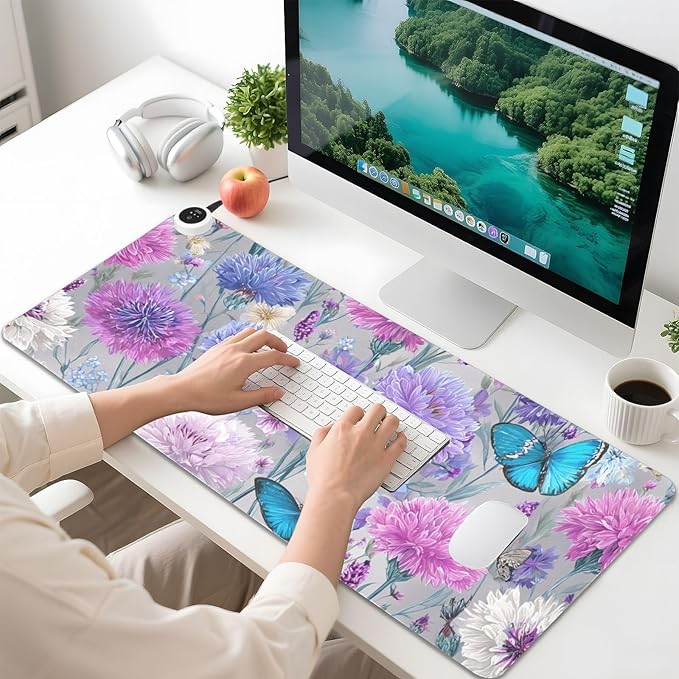 Heated Desk Pad Mouse Pad 31.5x13 Inch PU Leather Desk Mat with 3 Heat Levels Large Mouse Gaming Computer Laptop Mat Grey Pink Corflower Butterfly