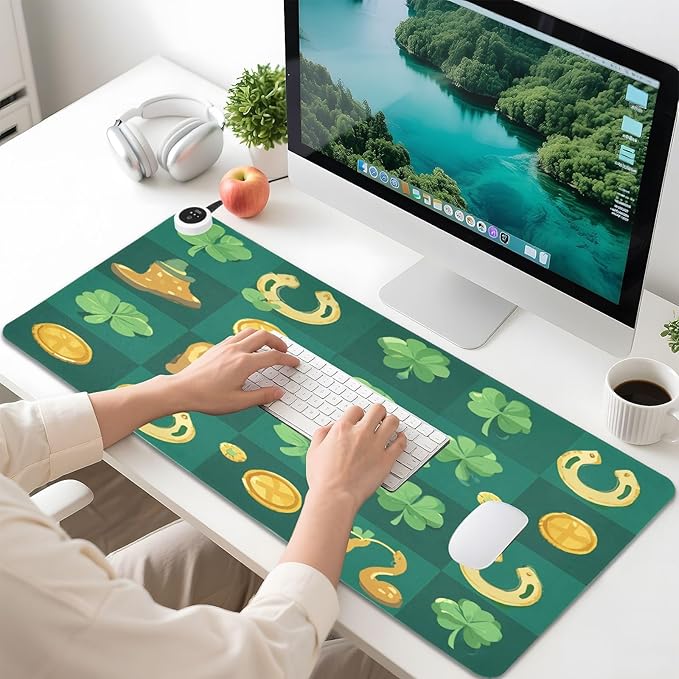 Heated Desk Pad Mouse Pad 31.5x13 Inch PU Leather Desk Mat with 3 Heat Levels Large Mouse Gaming Computer Laptop Mat Clover Dwarf St Patrick's Day