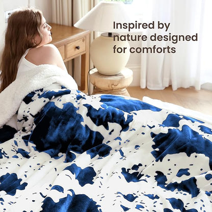 Cow Print Electric Heated Blanket Queen-Dual Control Heating Blanket Queen Size with 10 Heat Levels & 10 Hours Auto-Off, Cozy Soft Fleece Sherpa, Washable, 84x90 Inche Cow Print Blue