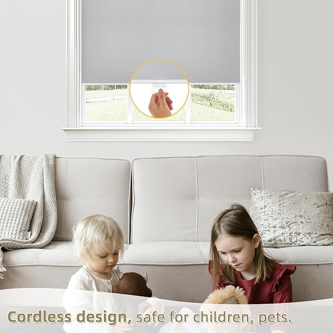 ChrisDowa Cordless Blackout Roller Shades for Windows, Thermal Insulated UV Protection Pull Down Shades, Total Blackout Window Blinds for Home, Office, Bedroom, Door (60" W x 72" H, Grey)