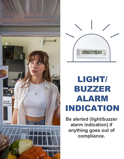 Digital Refrigerator Thermometer 2 Channel Freezer Thermometer with Alarm Sound Reminder Thermometer Fridge with Max/Min Temperature Record Freezer Alarm with Magnetic Back for Home Kitchen