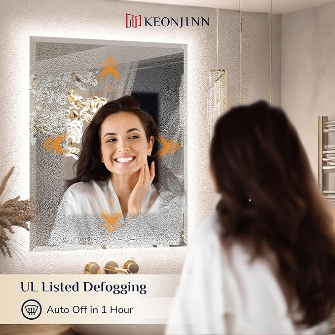 Keonjinn LED Mirror Backlit 24 x 30 Inch, Beveled Bathroom Mirror with Backlight, UL-Listed, Safe Tempered Glass, 3 Color Lights, Dimmable, Defogging, Frameless Lighted Vanity Mirrors for Wall