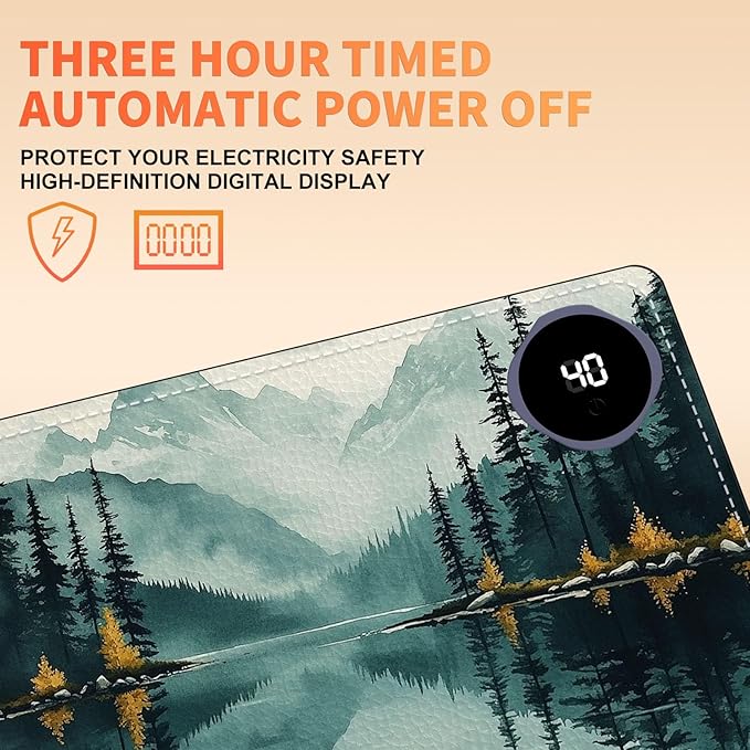 Heated Mouse Pad 23.6 x 14 in 3-Temp Fast Heating Desk Mat with Auto Timer Warmer for Hands Wrist Pain Relief Waterproof Keyboard Mat for Office, Gaming, Home, Forest Reflections
