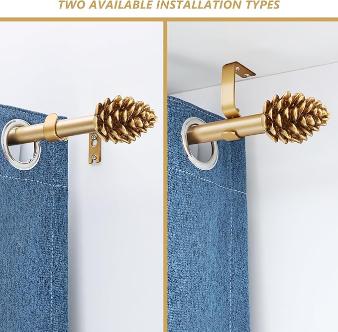 Gold Curtain Rods for Windows 48 to 84 Inches, 1 Inch Diameter Heavy Duty Single Curtain Rod, Adjustable Window Curtain Rod Drapery Rod with Decorative Finials