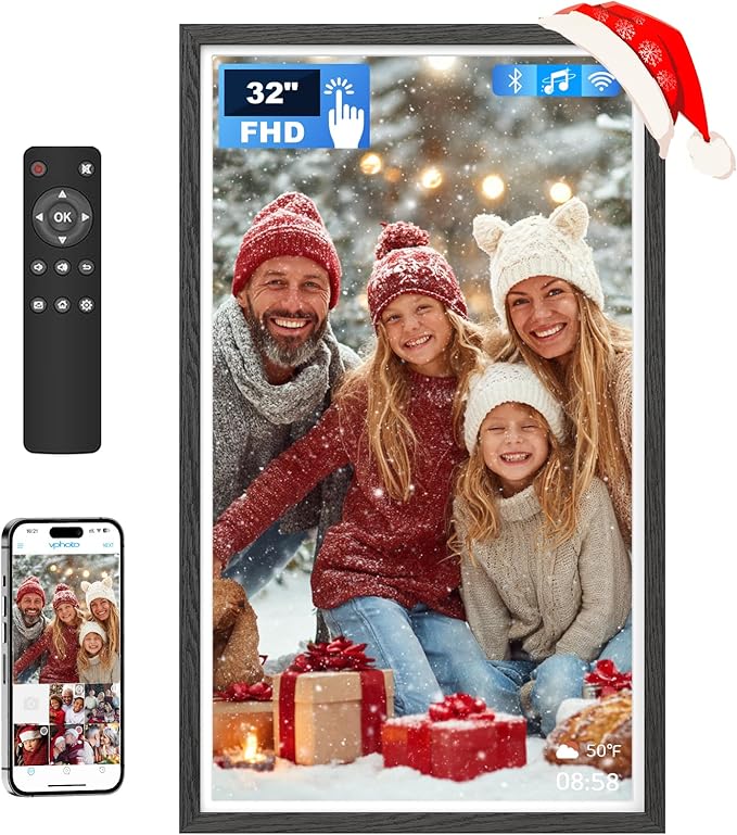 32 Inch FHD Extra Large Digital Picture Frame Touchscreen, 64GB FHD IPS WiFi Digital Photo Frame Remote, Share Photo/Video via Apps, Email, Auto-Rotate, Black Wood Pattern