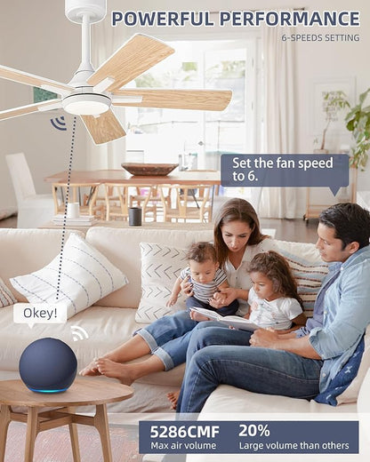 YOUKAIN Ceiling Fans with Lights, 42 Inch White Ceiling Fan, Smart Ceiling Fan Remote & APP Control, Reversible Blades, Modern Outdoor Ceiling Fans for Living Room, Bedroom, 42-YJ812-WH