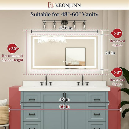 Keonjinn 48 x 24 Inch LED Bathroom Mirror with Lights, Bighter Frontlit & Backlit Vanity Mirror with Stepless Dimmable 3-Color, Anti-Fog Mirror for Wall, HD Tempered Glass, Memory Founction, CR90+