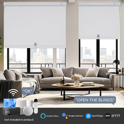 Boolegon Motorized Roller Blinds - 100% Blackout Smart Electric Shades with Remote, Compatible with Alexa/Google Home/HomeKit via Hub, Easy Install for Home Office, White, Custom Size.