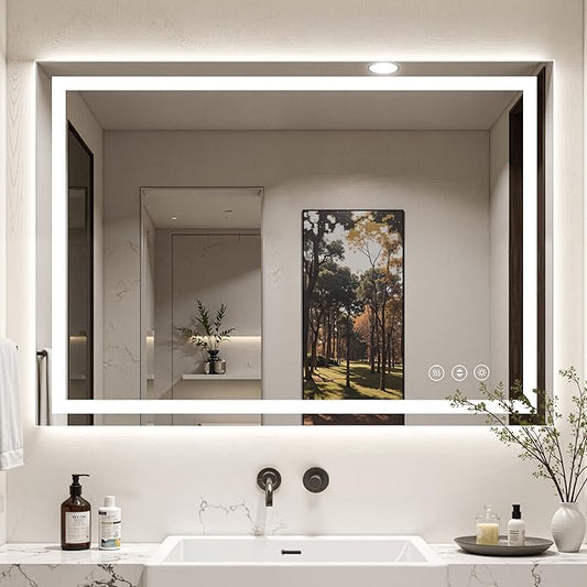 48X40 LED Bathroom Mirror with Lights, Anti-Fog, Backlit + Front Lit (CRI>90), Lighted Bathroom Vanity Mirror for Wall, Memory Function, Dimmable, Tempered Glass, Shatter-Proof