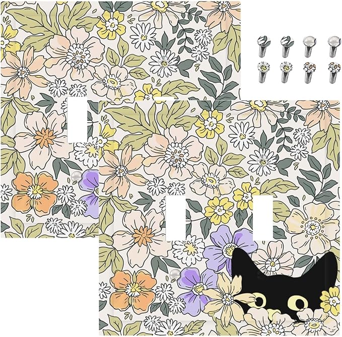 Decorative Light Switch Plate Covers Cute Black Cat in a Flower Patch Botanical Garden 2 Gang Wall Plate Double Toggle Double Light Switch Covers for Bedroom Home Decor （2 Pack）