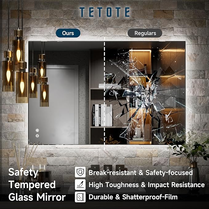 TETOTE 60 x 36 Inch LED Backlit Bathroom Vanity Mirror with Light,Anti-Fog,Dimmable,CRI90+,Touch Button,Water Proof,Large,Lighted Mirror,Horizontal/Vertical Wall Mounted