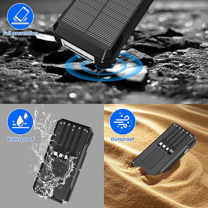 Solar Charger Power Bank 49800mAh, Portable Phone Wireless Charging Built-in 4 Cables 22.5W Fast Charging,Type-C Input/Output Port Solar Panel Charger with Flashlights&Compass for Camping（Black