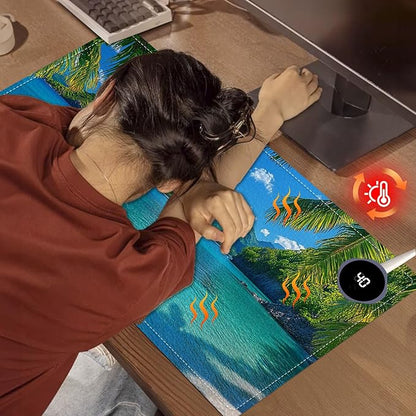 Heated Mouse Pad 23.6 x 14 in 3-Temp Fast Heating Desk Mat with Auto Timer Warmer for Hands Wrist Pain Relief Waterproof Keyboard Mat for Office, Gaming, Home, Tropical Paradise Beach