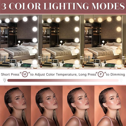 ROLOVE 32"x24" Hollywood Vanity Mirror with Lights, 18 Dimmable LED Bulbs, 3 Color Modes, 10X Magnification, USB Charging Port, Tabletop or Wall-Mounted