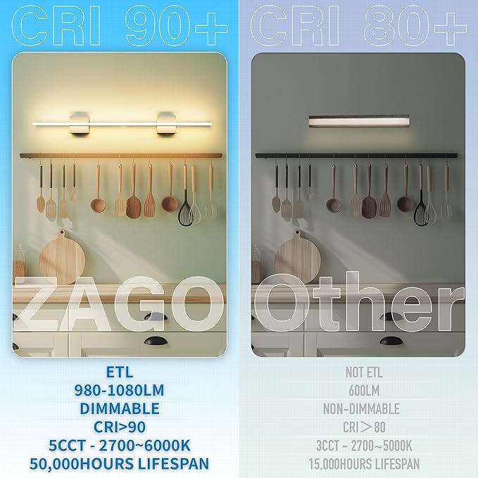 ZAGO 24 Inch Bathroom Linear Vanity Light Fixtures Over Mirror - LED Modern Wall Mounted Adjustable Hardwired Picture Lighting Bar with 5CCT Switchable, ETL & Damp Rated, Chrome, 2 Packs