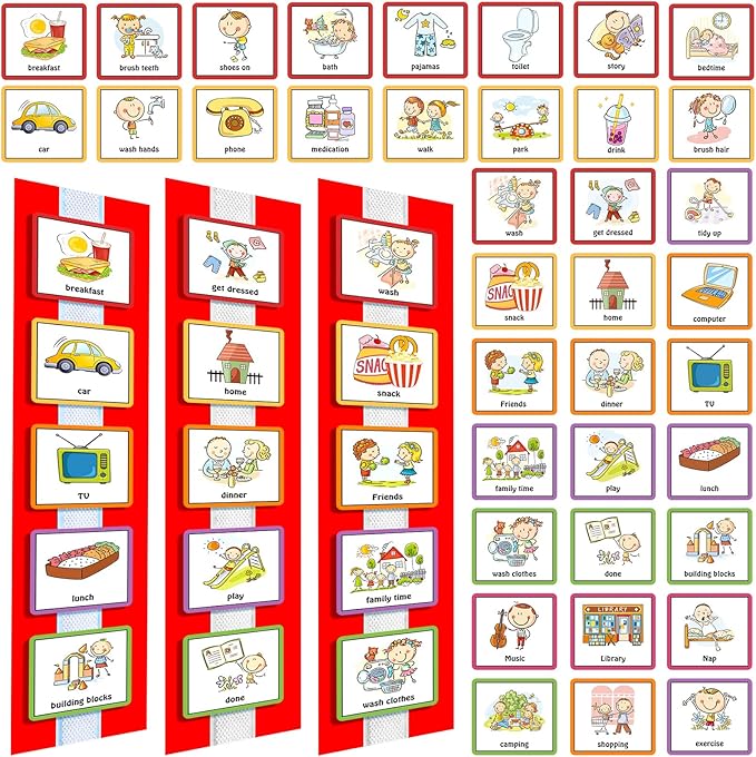Geyee 60 Pcs Visual Schedule Cards Daily Routine Chart Visual Planner Cards Bulk for Autism Learning Materials Asperger's ADHD Home Education Behavioral Tool(Red)