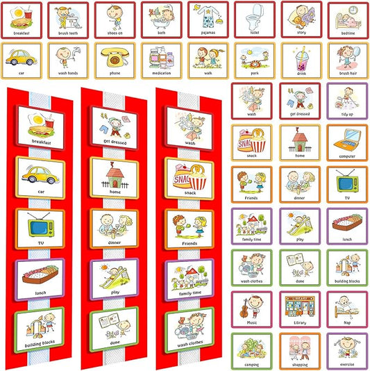 Geyee 60 Pcs Visual Schedule Cards Daily Routine Chart Visual Planner Cards Bulk for Autism Learning Materials Asperger's ADHD Home Education Behavioral Tool(Red)
