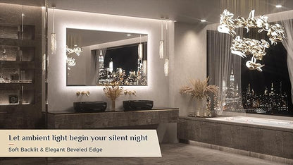 Keonjinn 60 x 36 Inch Oversized Backlit Bathroom Mirror, Large LED Mirror for Bathroom, Decorative Beveled Edge, Tempered Glass, UL-Listed, 3 Color Lights, Defogging, Lighted Wall Mount Vanity Mirror