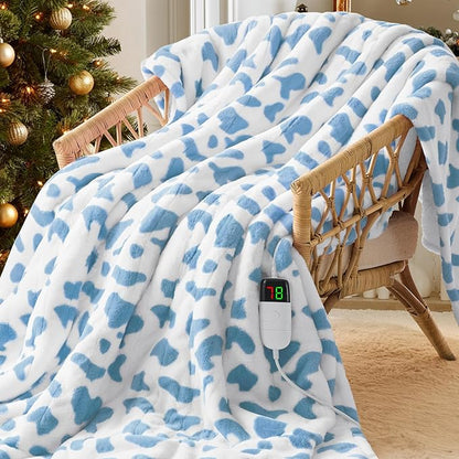 Cow Print Heated Electric Blanket Twin,62X84 Blue Heating Blanket with 10 Heats Levels & 8 Hours Auto Off,Cute Cow Decor Fleece Sherpa Blankets Warmer Gifts for Women Couch Office,Washable
