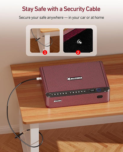 BILLCONCH Smart Gun Safe with Security Cable - Biometric Gun Safe for Handgun 4 Ways Quick Access with Fingerprint/Keypad/Key/APP Lock for Bedside Home Car with LCD/Voice Guide - Burgundy Red