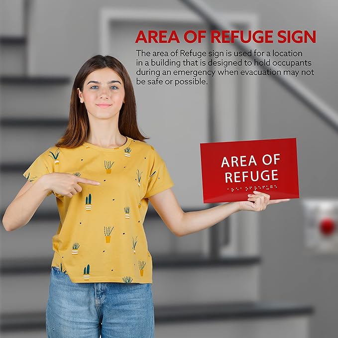 6" X4" Area of Refuge Sign - ADA Compliant Tactile Graphics Grade 2 Braille Text | Wall Mount Plastic Signs for Shopping Malls, Offices, Hotels, Schools, Apartments & Restaurants