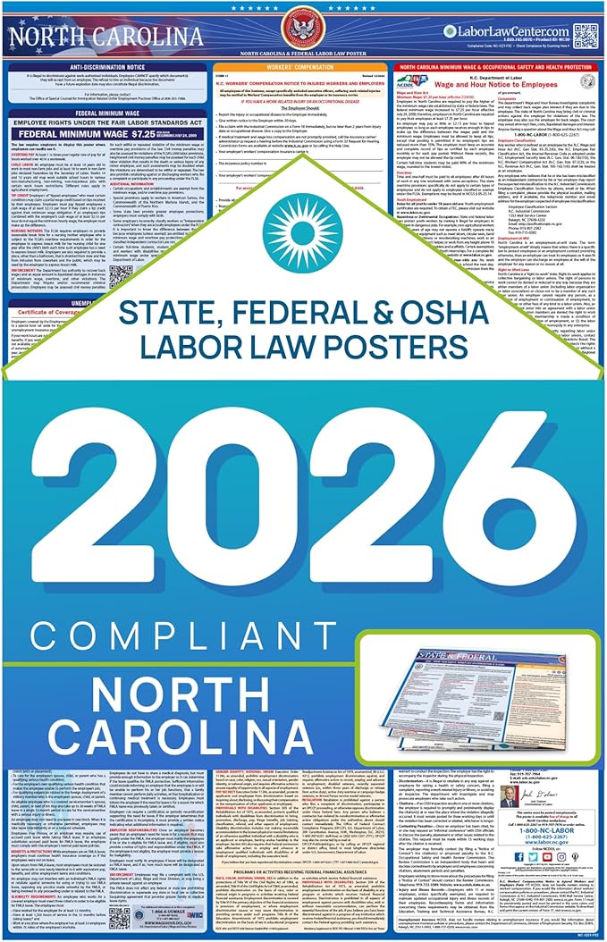North Carolina 2026 Labor Law Poster – State & Federal Employment Compliance – OSHA, EEOC, FMLA, Minimum Wage– Premium Paper Workplace Poster – Folded & Unlaminated – Envelope Packed – 26” x 39.5”