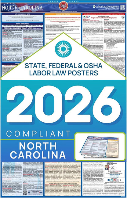 North Carolina 2026 Labor Law Poster – State & Federal Employment Compliance – OSHA, EEOC, FMLA, Minimum Wage– Premium Paper Workplace Poster – Folded & Unlaminated – Envelope Packed – 26” x 39.5”